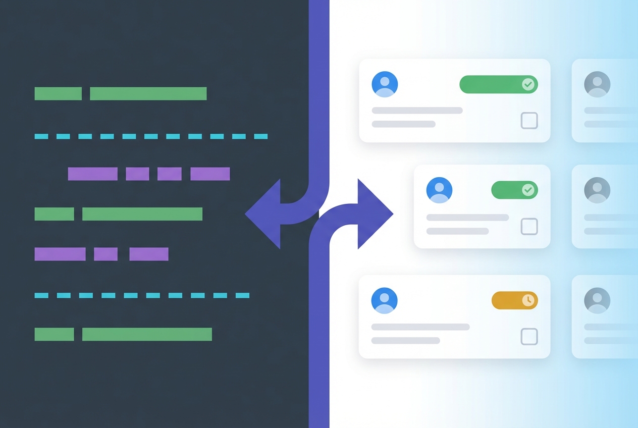 Split view showing developer IDE on left and QA execution panel on right