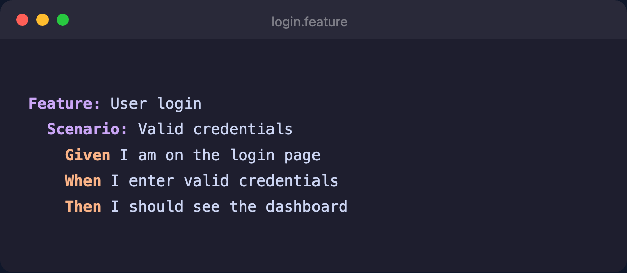 Gherkin feature file with syntax highlighting showing a login scenario