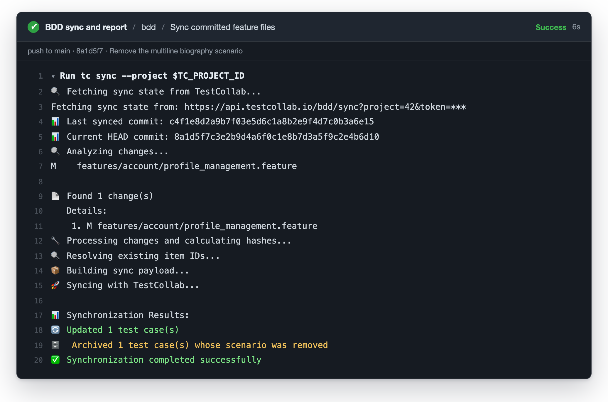 CI job log of tc sync after a scenario was removed: one test case updated and one archived because its scenario was removed