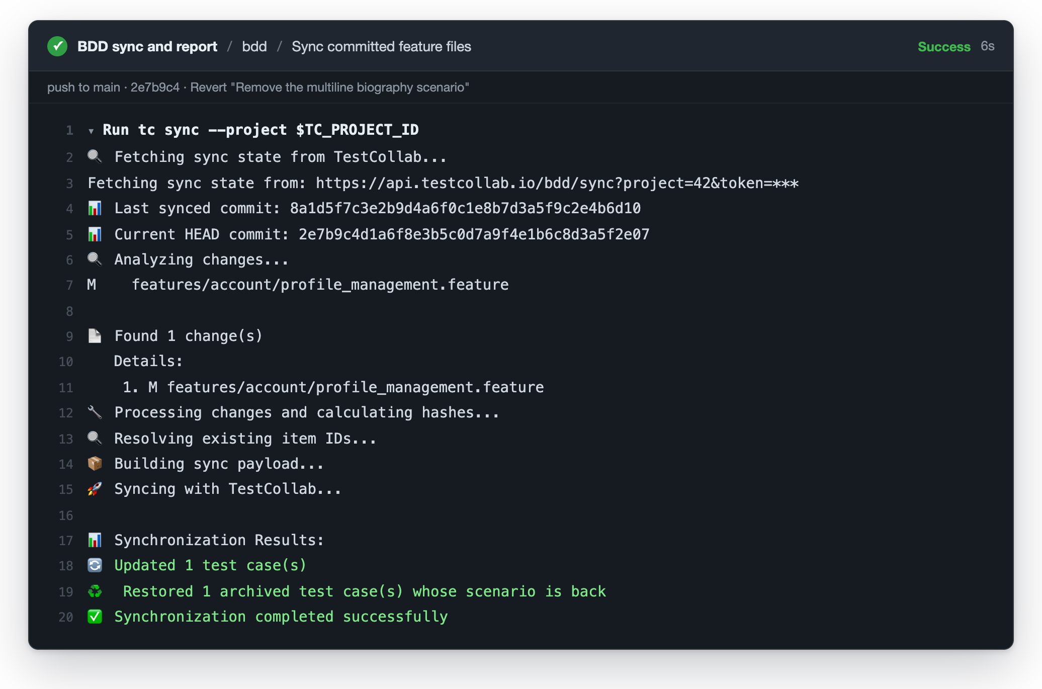 CI job log of tc sync after the scenario was put back: one archived test case restored because its scenario is back