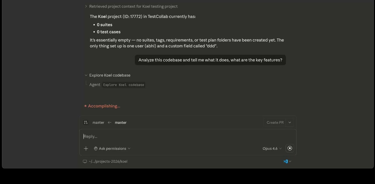 Claude Code analyzing the Koel codebase with the prompt visible
