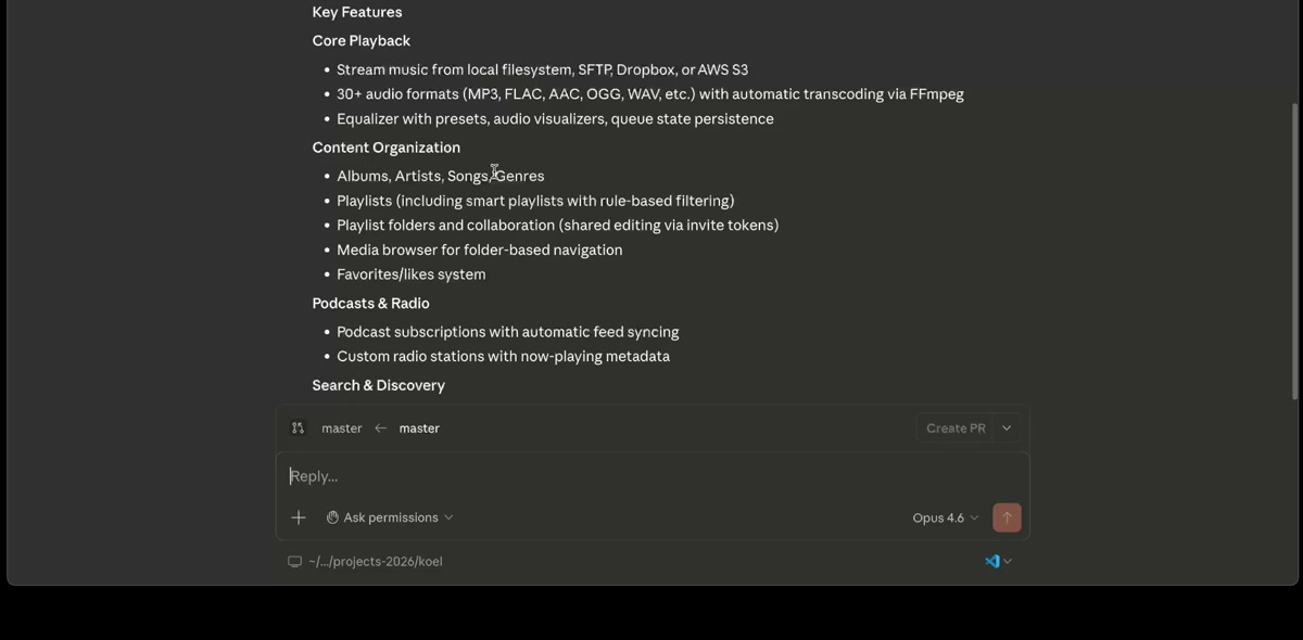 Claude Code feature analysis results showing key features identified from the Koel codebase