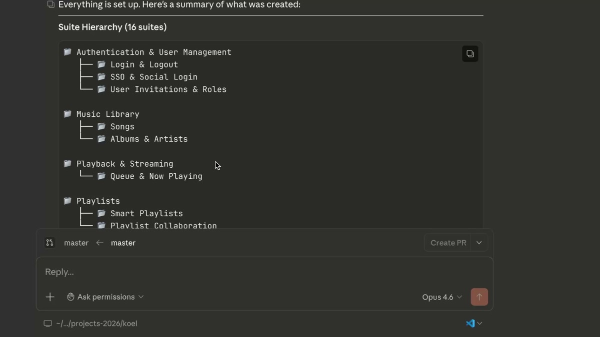 Claude Code output showing the suite hierarchy with 16 suites organized by feature area