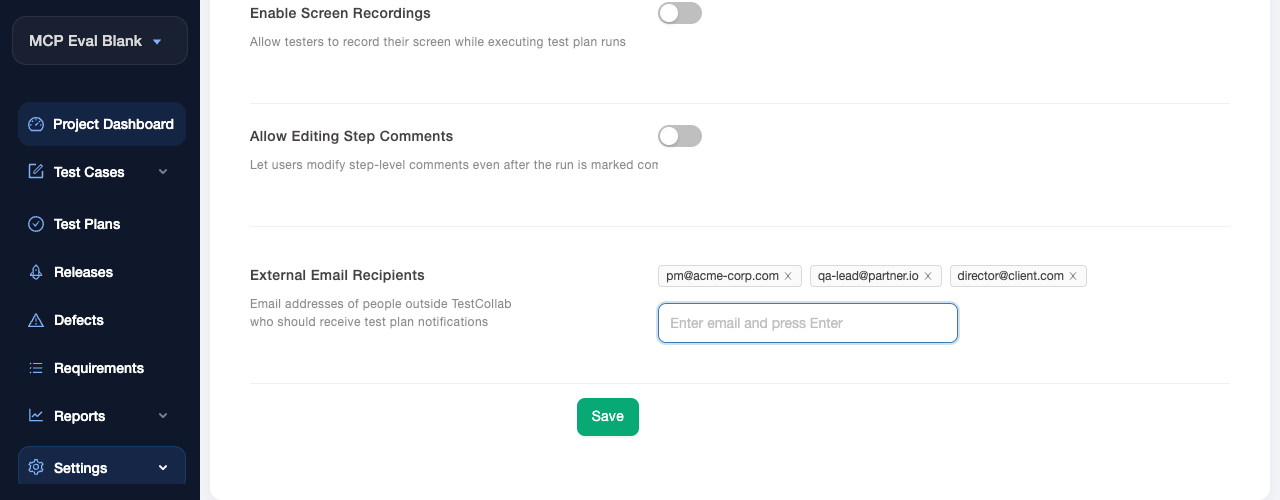 External Email Recipients setting in TestCollab project settings