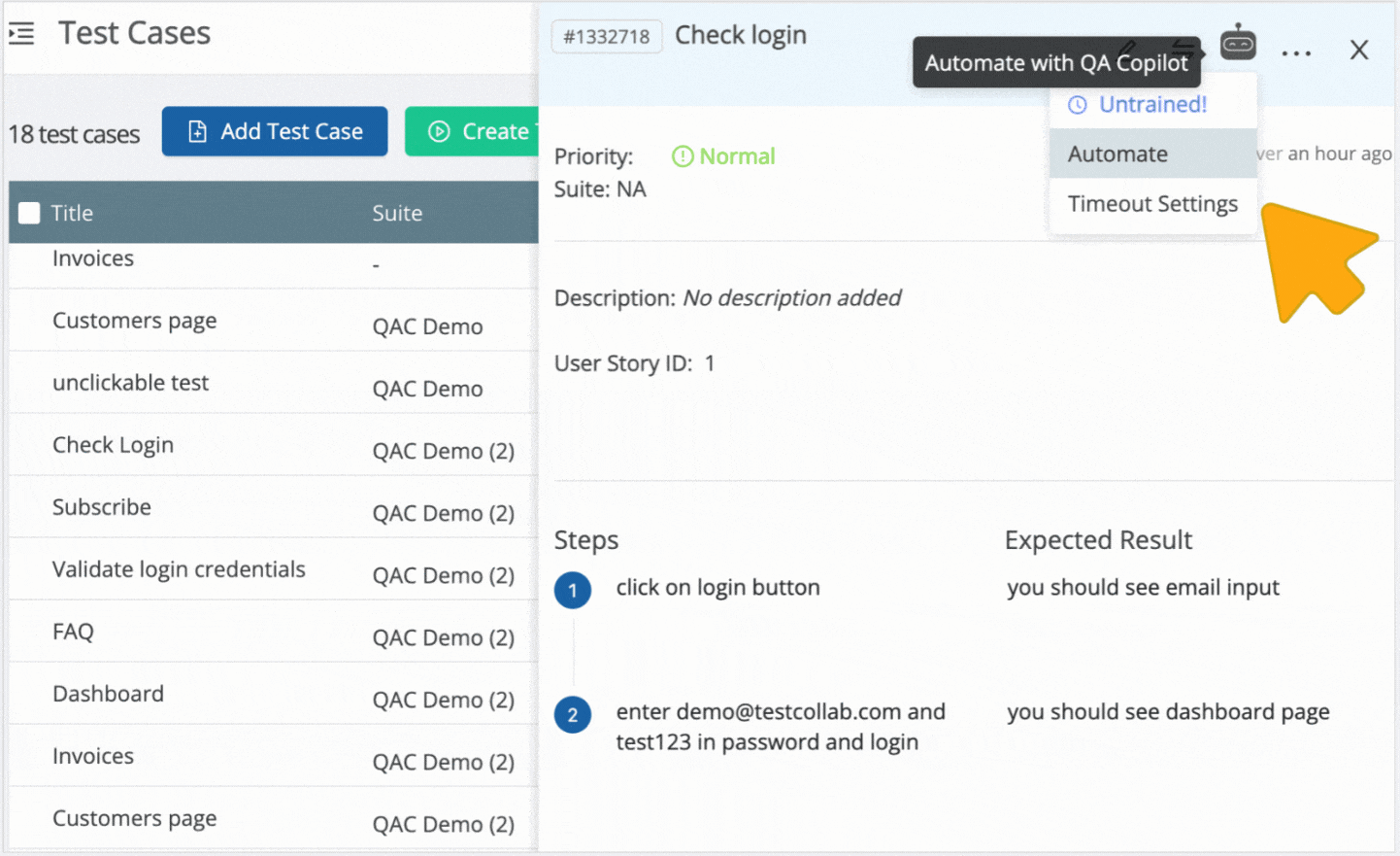 TestCollab QA Copilot in action - automated test case generation demo