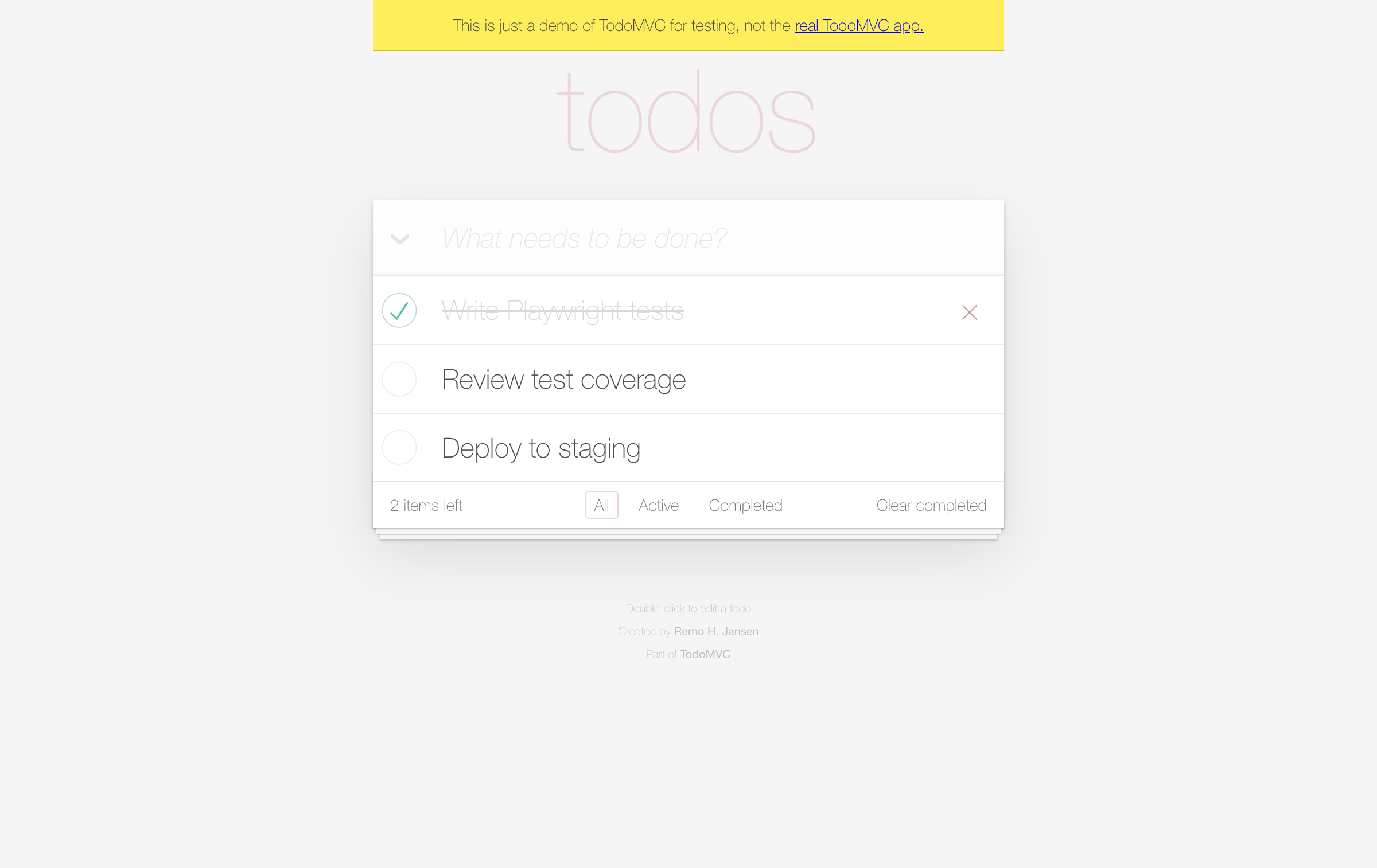 Playwright CLI automating TodoMVC - three todo items added, first one checked off