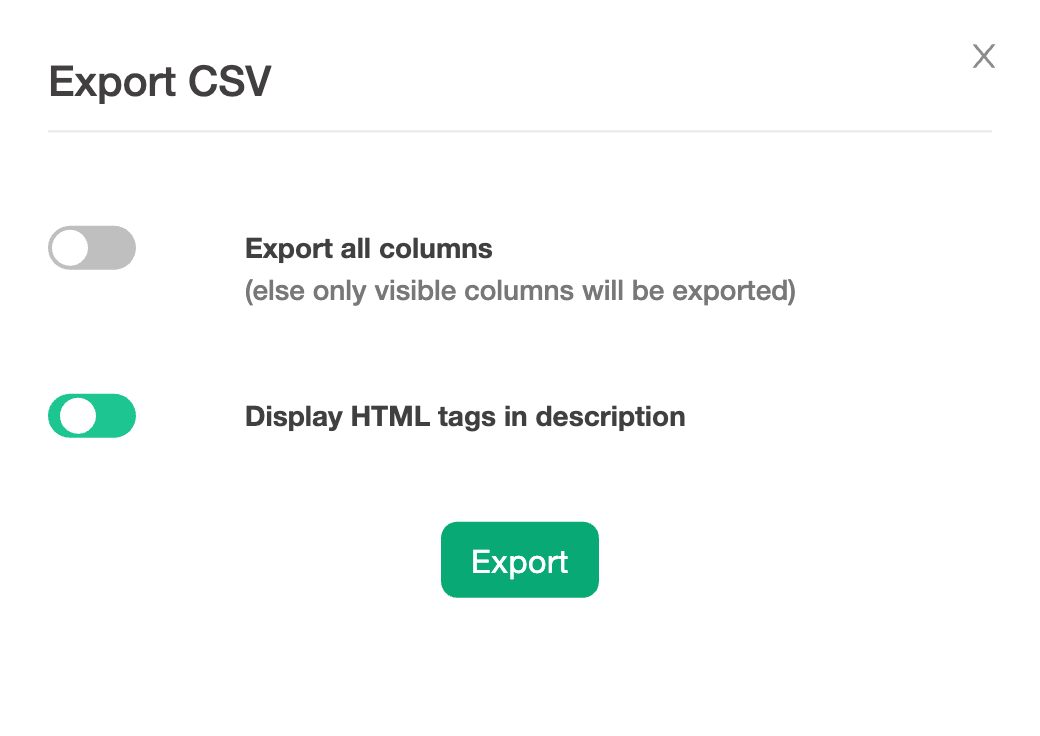 The Export CSV dialog on the Requirements page, showing the two toggles and the Export button