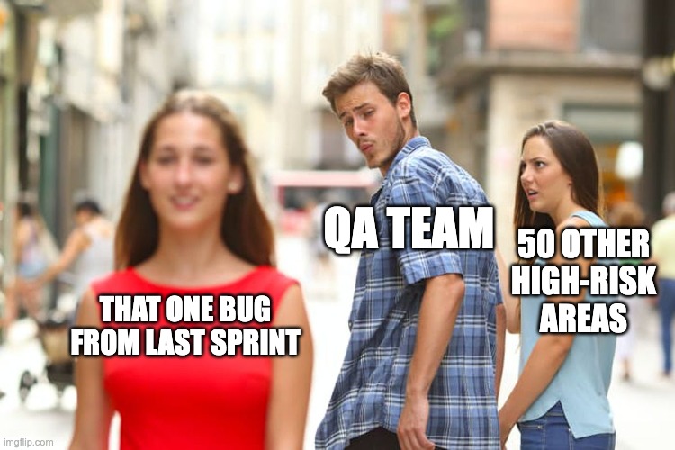 Distracted Boyfriend meme - QA Team looking at "That one bug from last sprint" while ignoring "50 other high-risk areas"