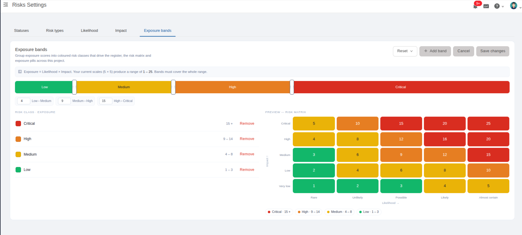 TestCollab exposure band settings with a live likelihood by impact risk matrix preview