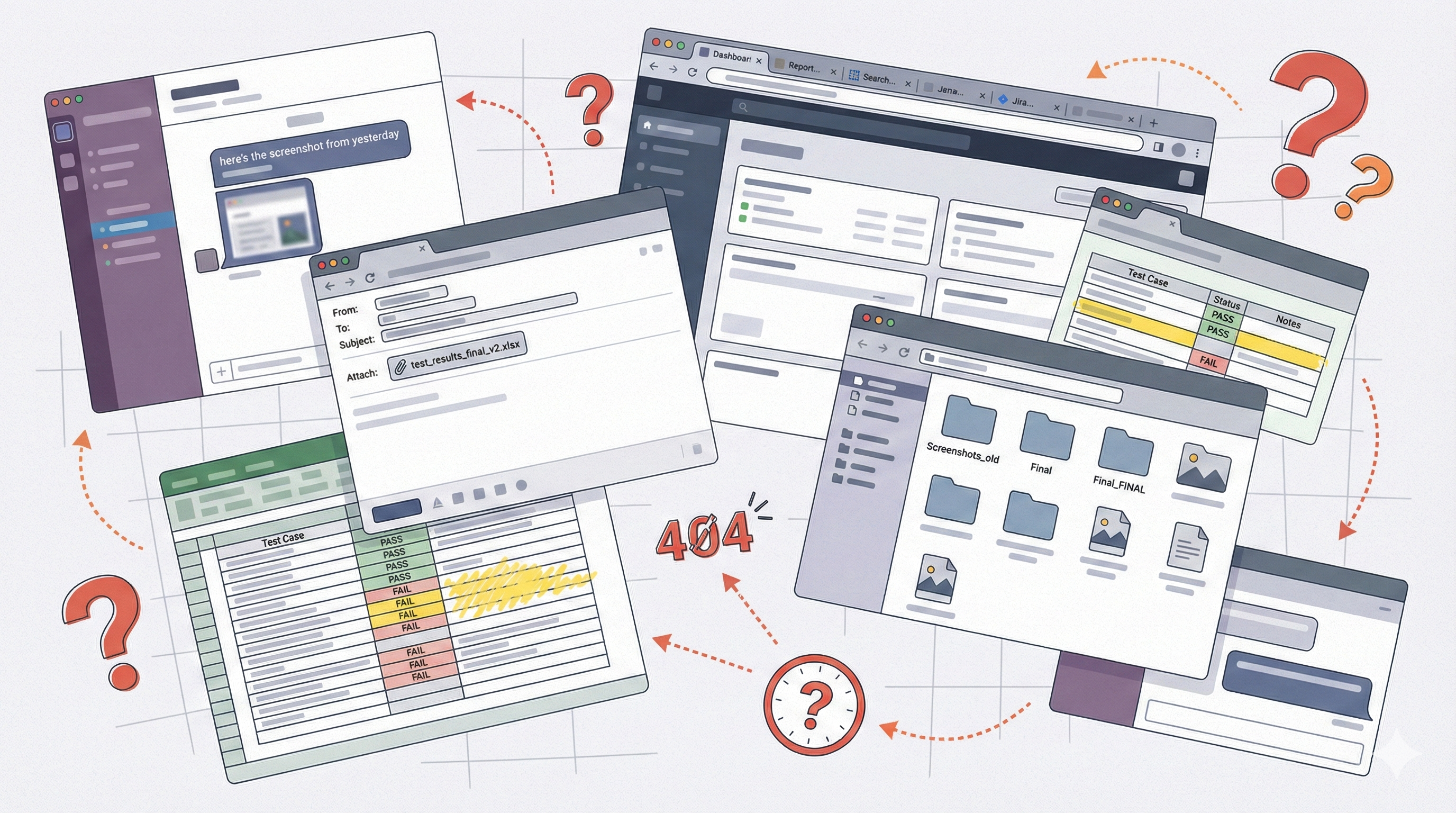 The evidence chaos - scattered across Slack, email, spreadsheets, and shared drives
