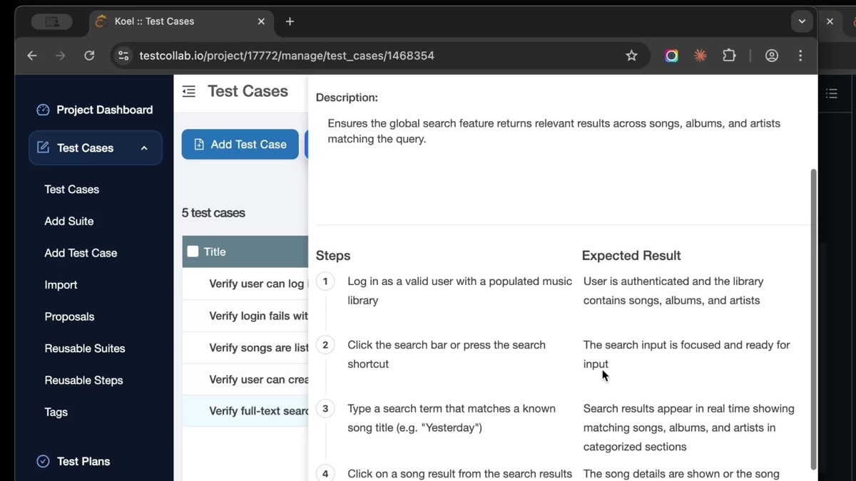 Test case detail in TestCollab showing steps and expected results generated by Claude Code