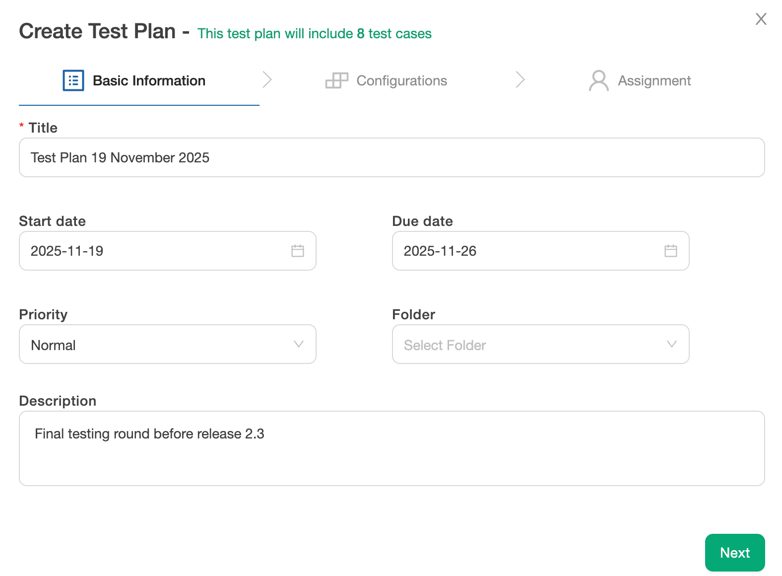 Create test plan wizard