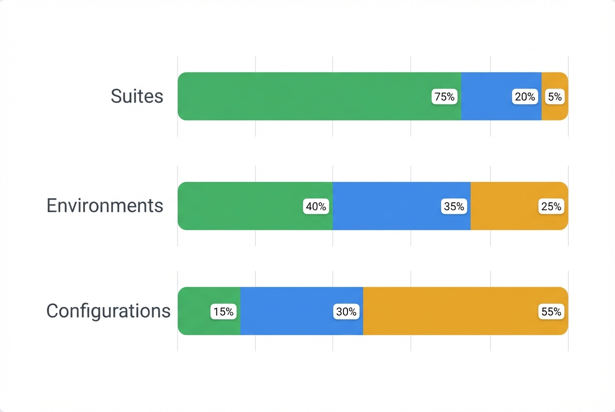 Stacked bar charts showing coverage breakdowns by suites, environments, and configurations