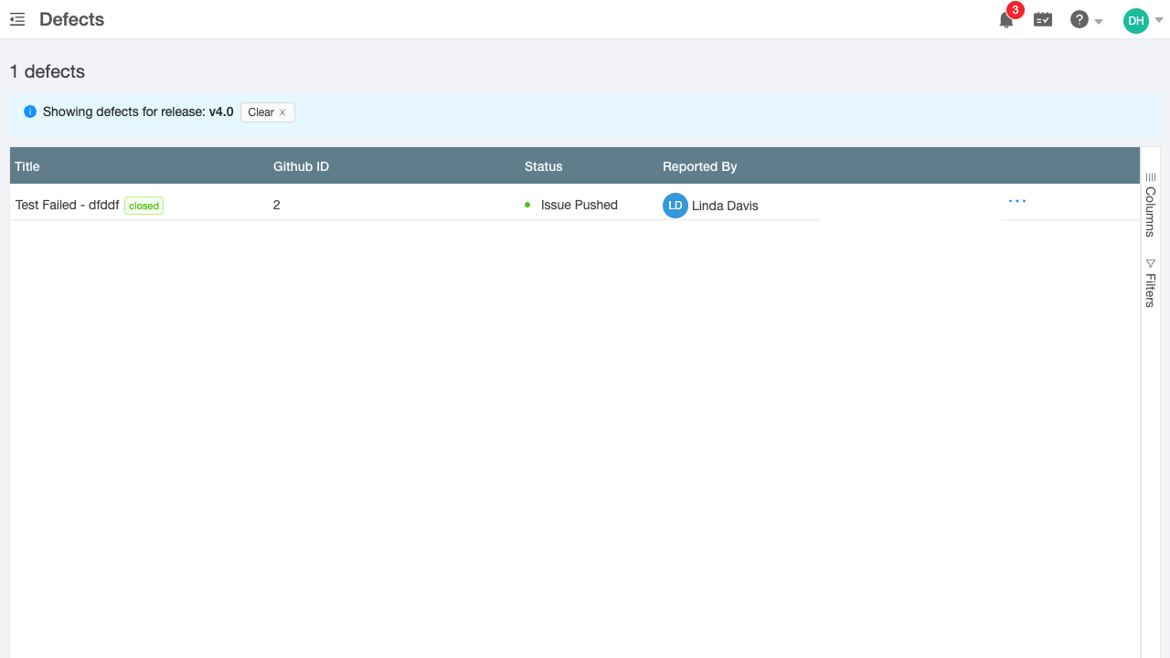 Defects page filtered by release v4.0 showing filter banner and defect list