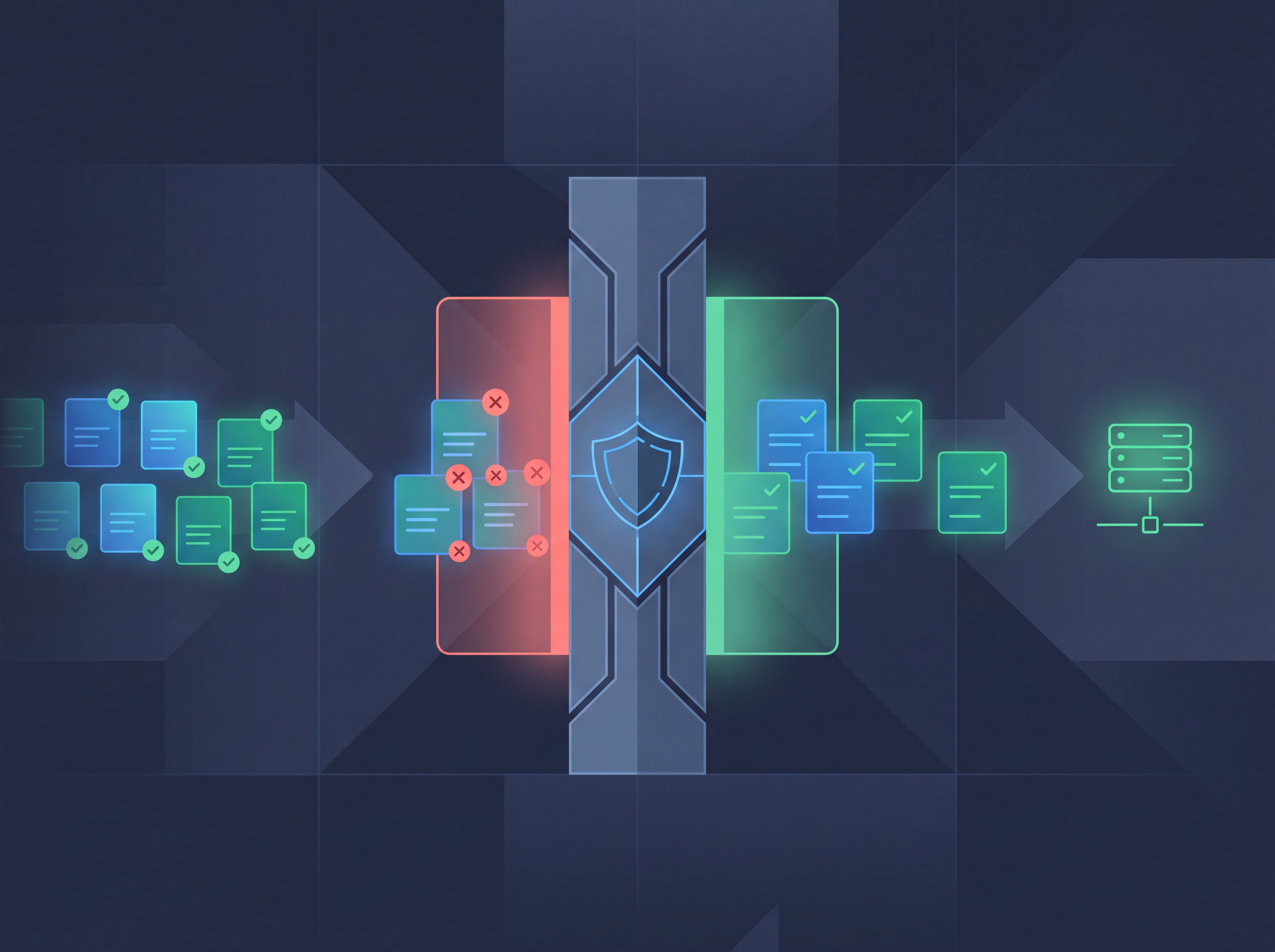 Build artifacts flowing through a pipeline checkpoint that blocks a failing batch and passes a green one