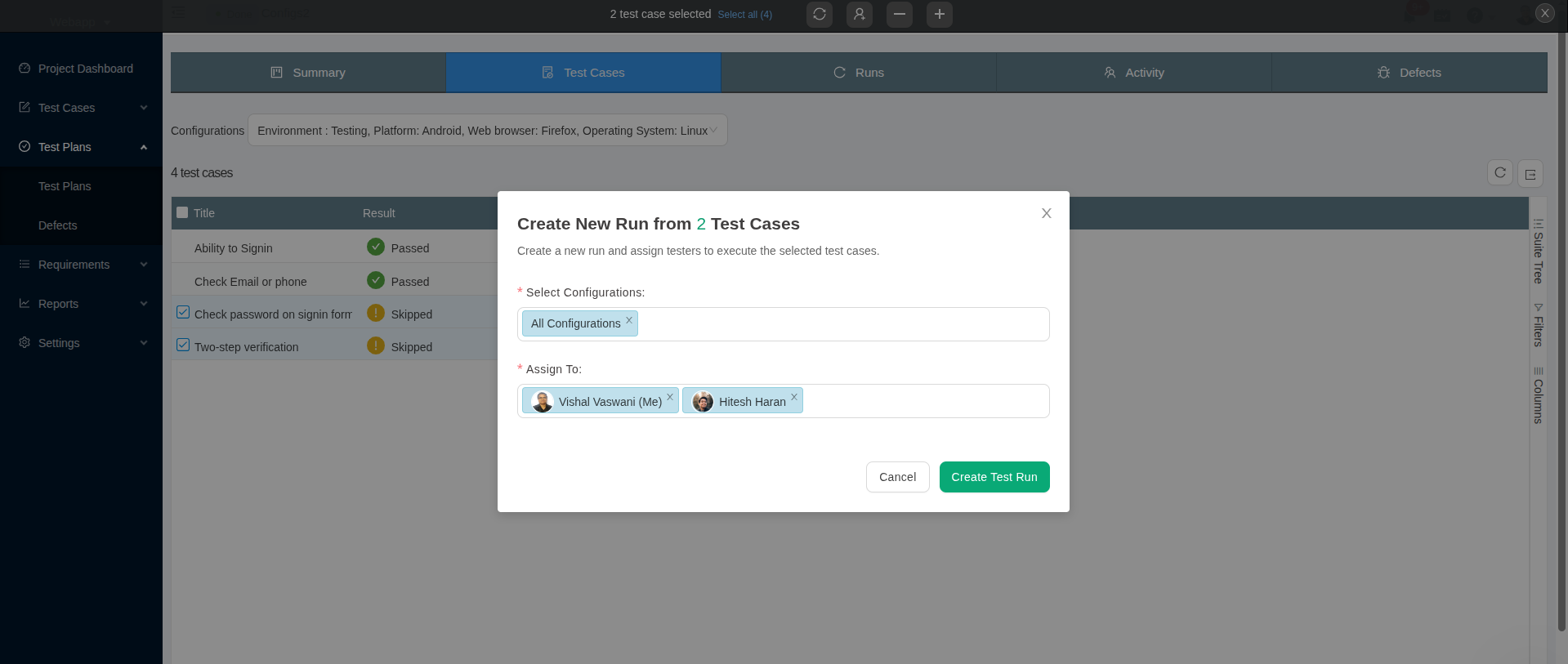Select configuration and assignees for test cases to include in new RUN
