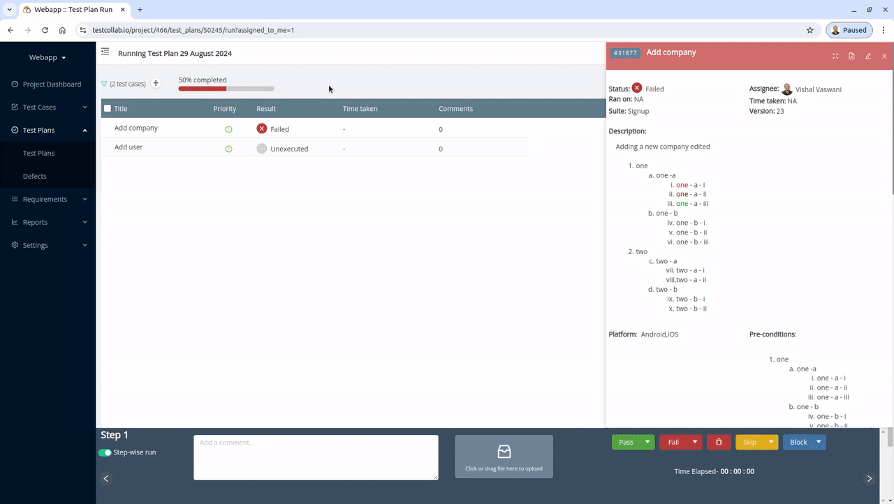 Adding a test case from run test case page in TestCollab