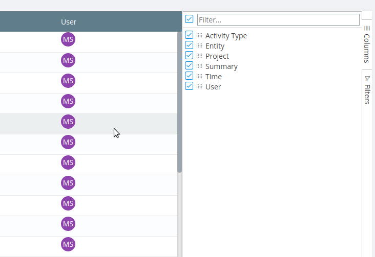 Showing and hiding columns on audit log in TestCollab