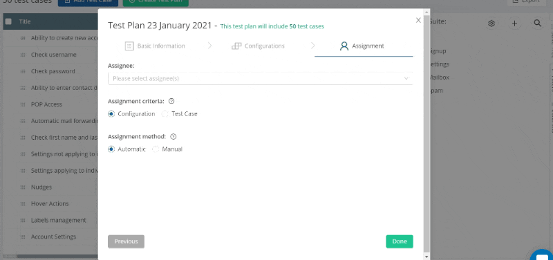 Manual assignent of testers to configurations in a test plan in TestCollab