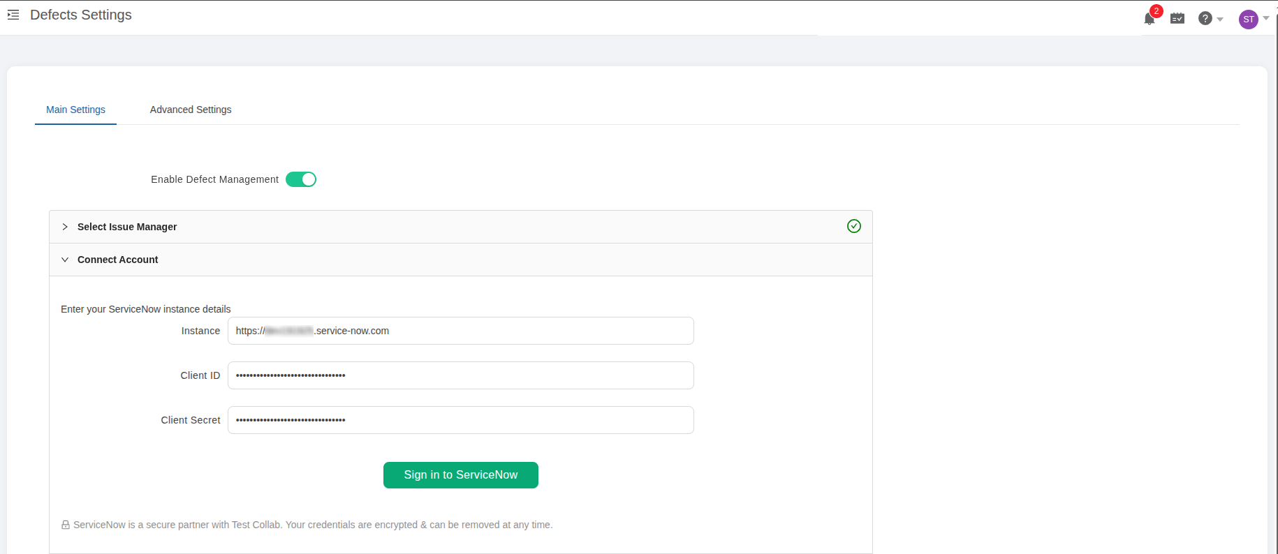 ServiceNow integration in TestCollab