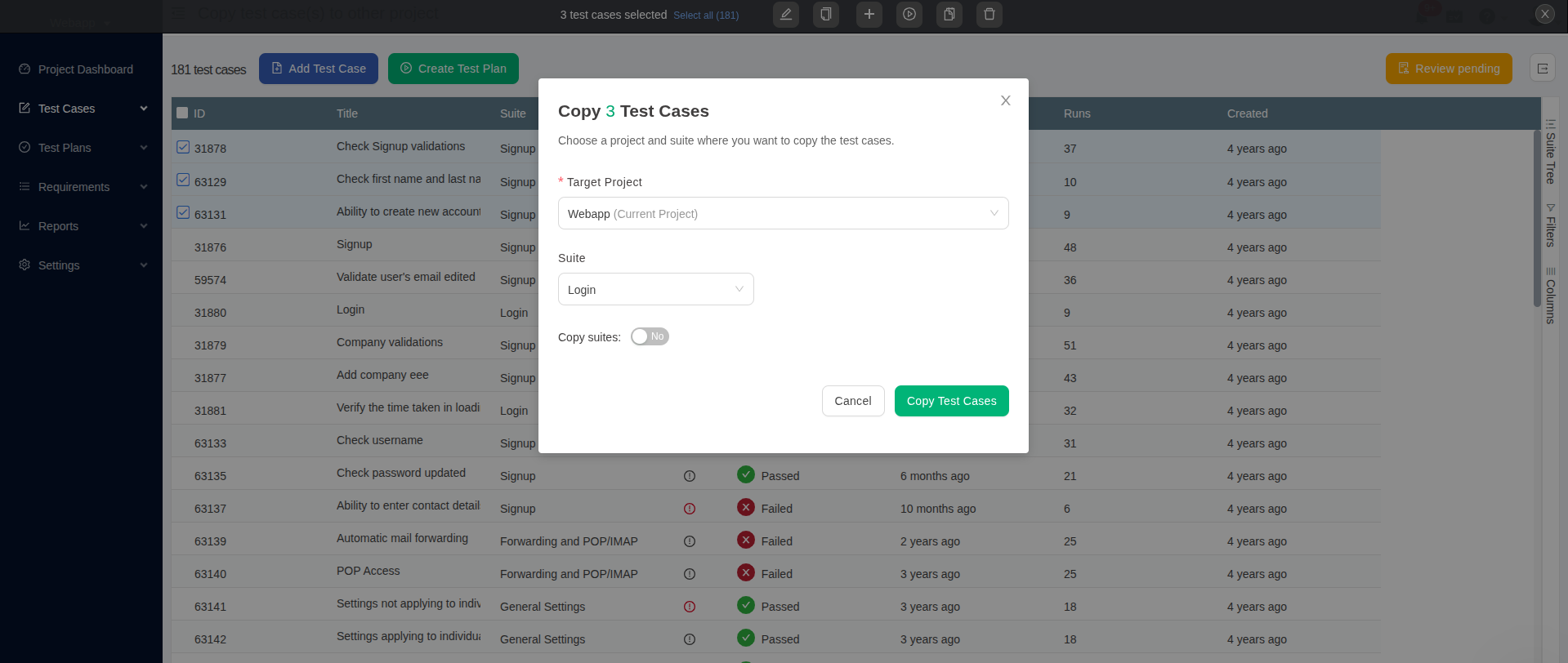 Copying test cases in other suite within same TestCollab project