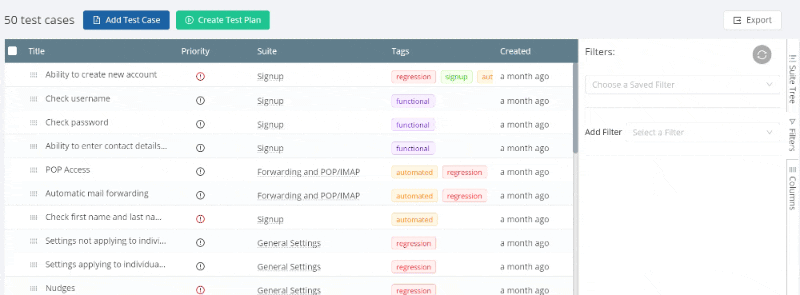 Filtering test cases to be included in a test plan in TestCollab