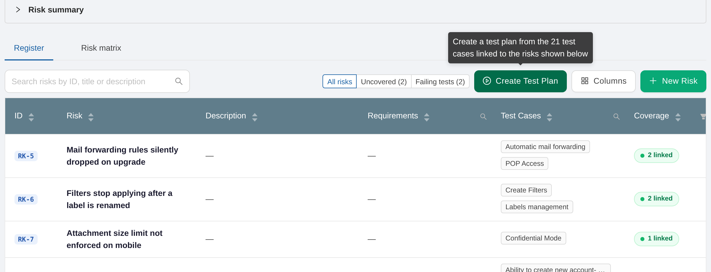 Create Test Plan button in the TestCollab Risk Register