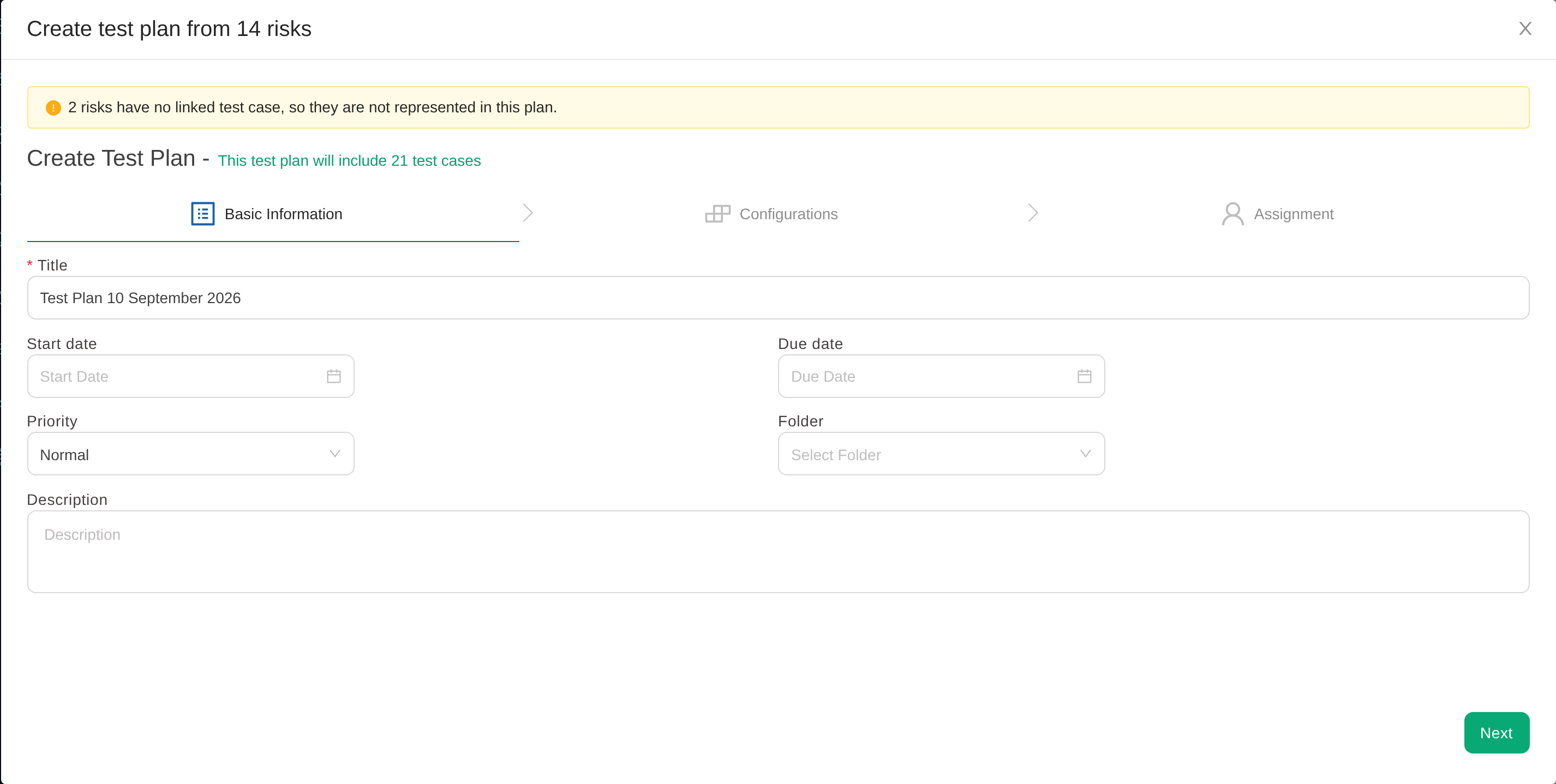 Create test plan from risks dialog in TestCollab