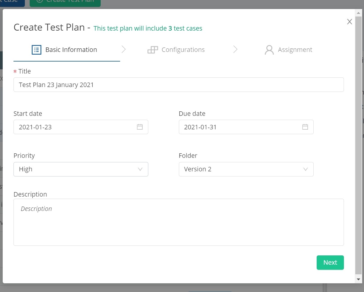 Create test plan wizard in TestCollab