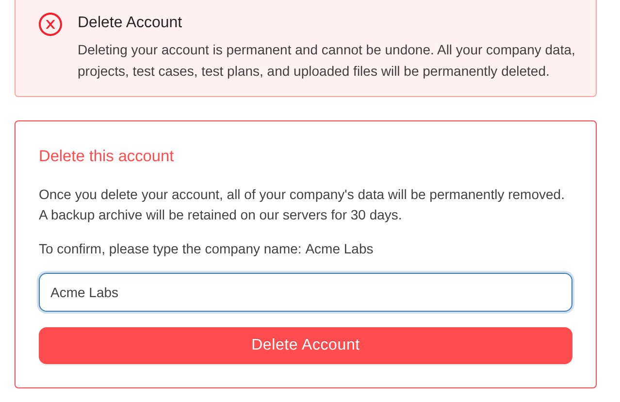 Delete Account page in TestCollab, with the company name typed to confirm