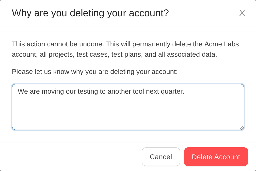 TestCollab asks why you are deleting your account before it deletes it