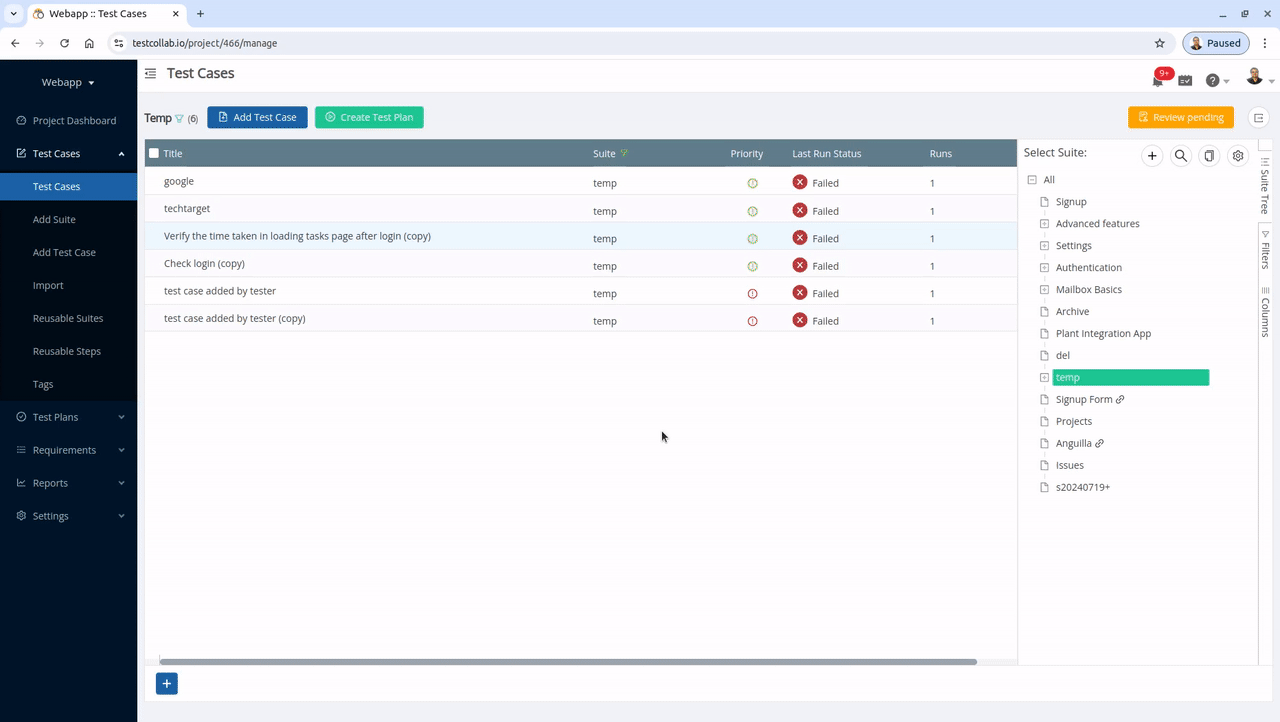 Deleting a test suite from a TestCollab project
