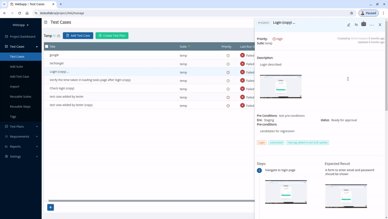 Deleting a test case in TestCollab