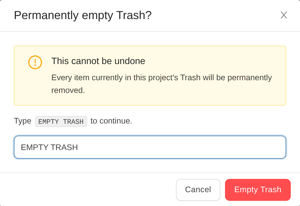 Permanently empty Trash confirmation in TestCollab