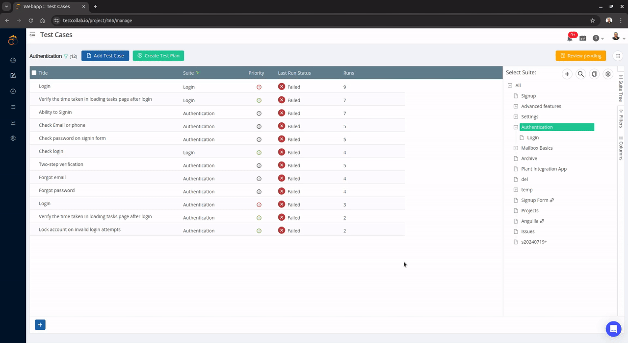 Choose report columns in TestCollab