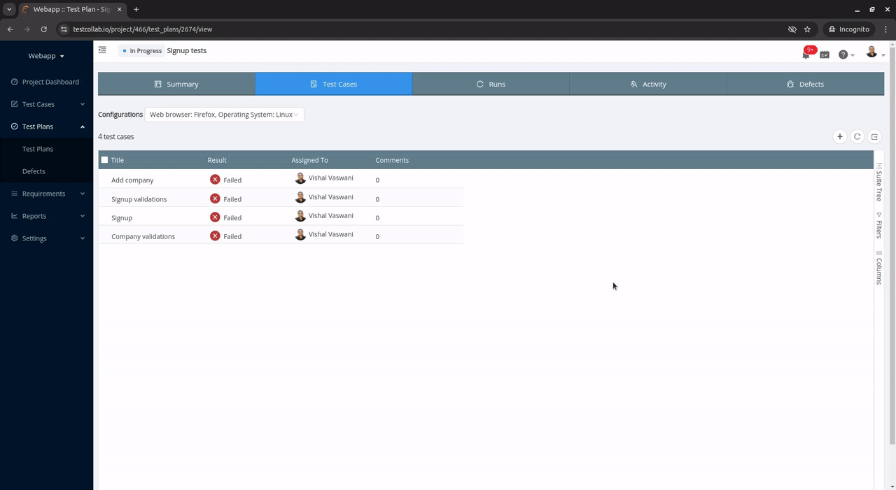 Generate test plan execution report with configurations and comments in TestCollab