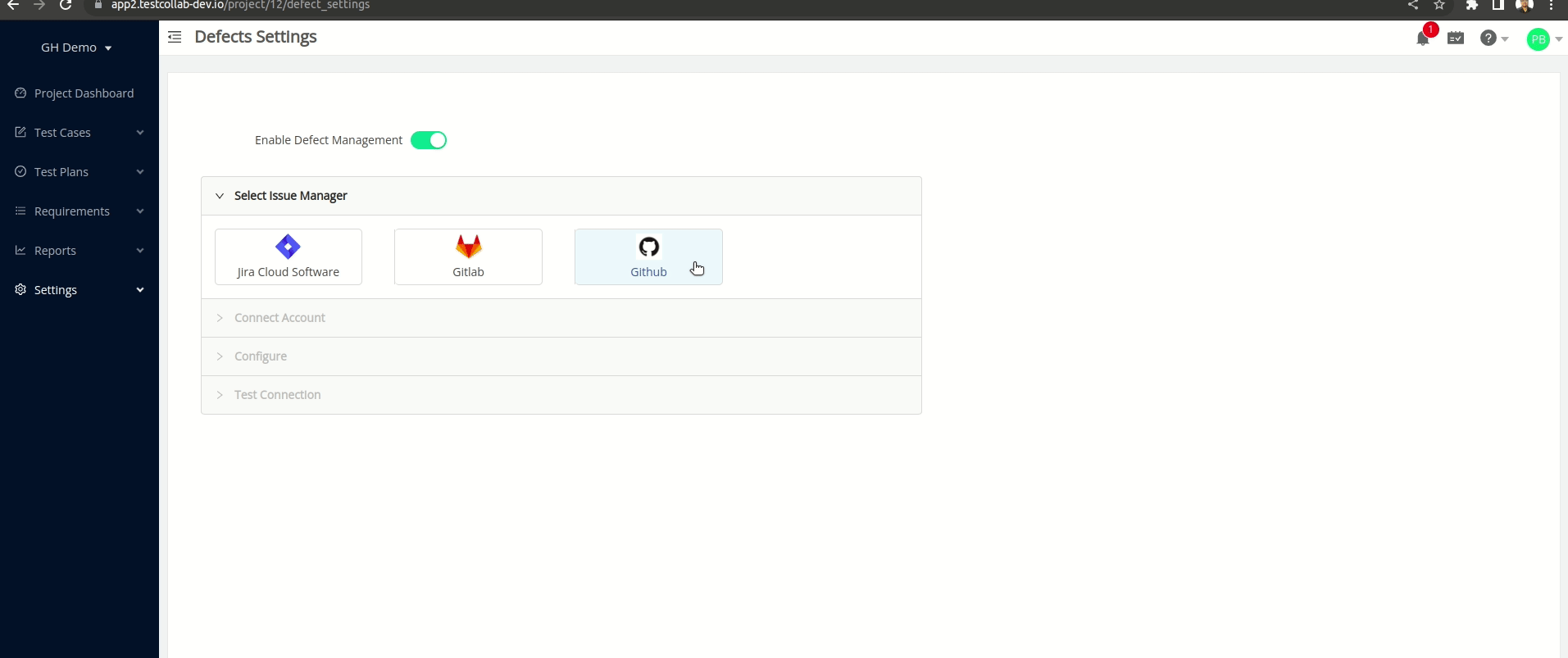 Configuring Github as a defects manager in a TestCollab project