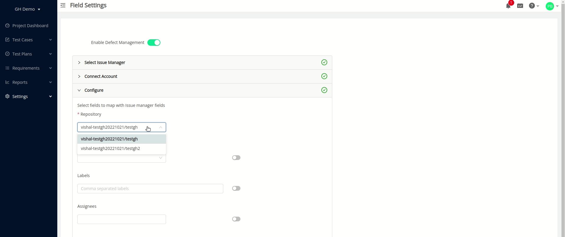 Configuring Github as a defects manager in a TestCollab project
