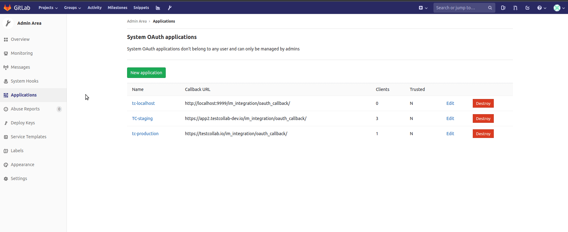 Adding an application on self-managed Gitlab instance