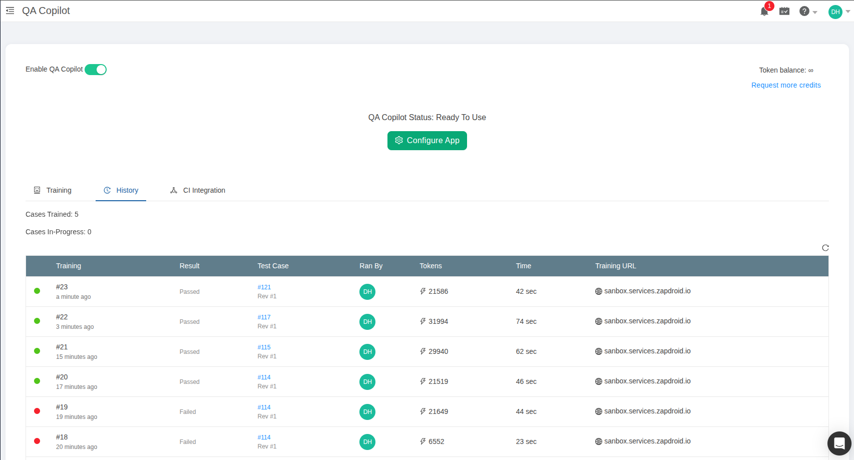 QA Copilot training history for a project in TestCollab