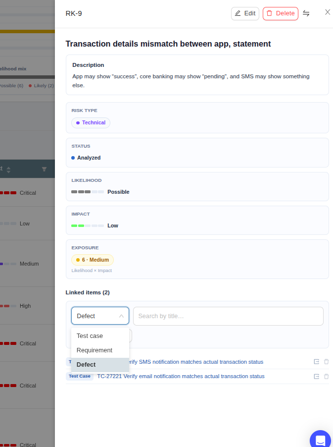 Linking with risks in TestCollab