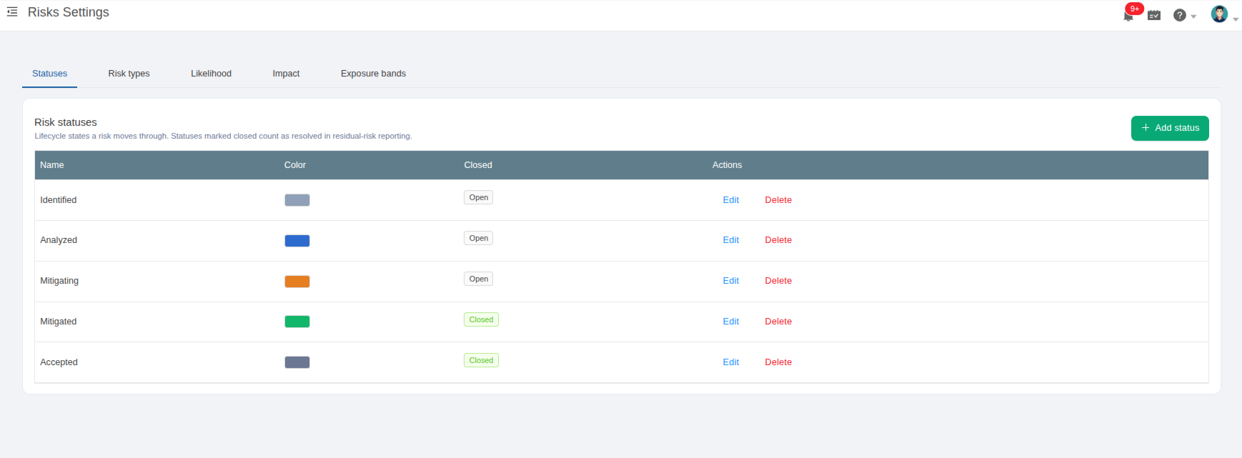 Risk settings in TestCollab