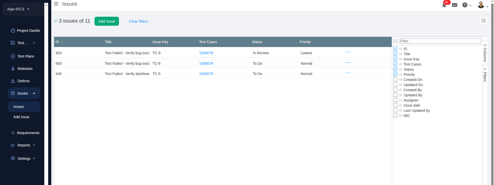 Issues Management in TestCollab