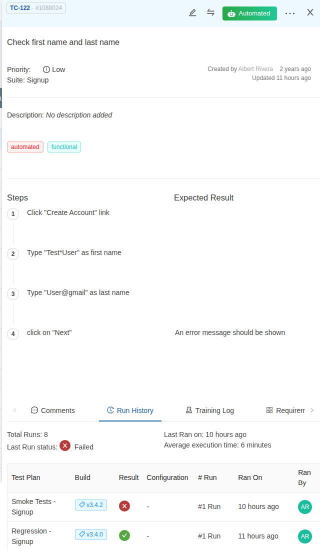 Test execution / run history highlighting build in TestCollab\
