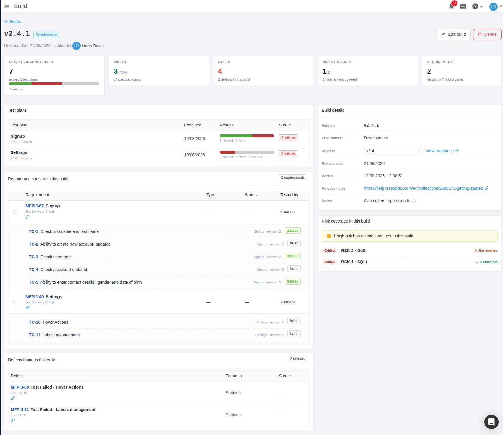 Uncovered risks shown on build detail page in TestCollab