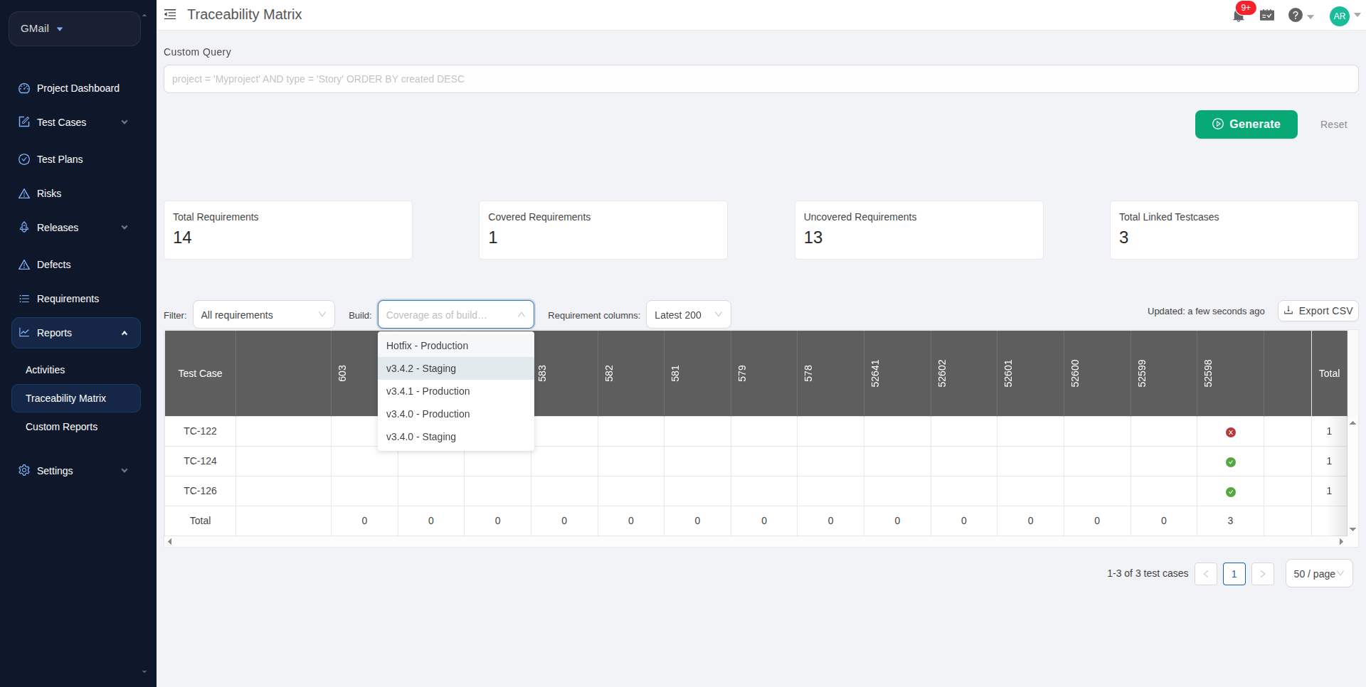 Build selector on requirements traceability matrix in TestCollab