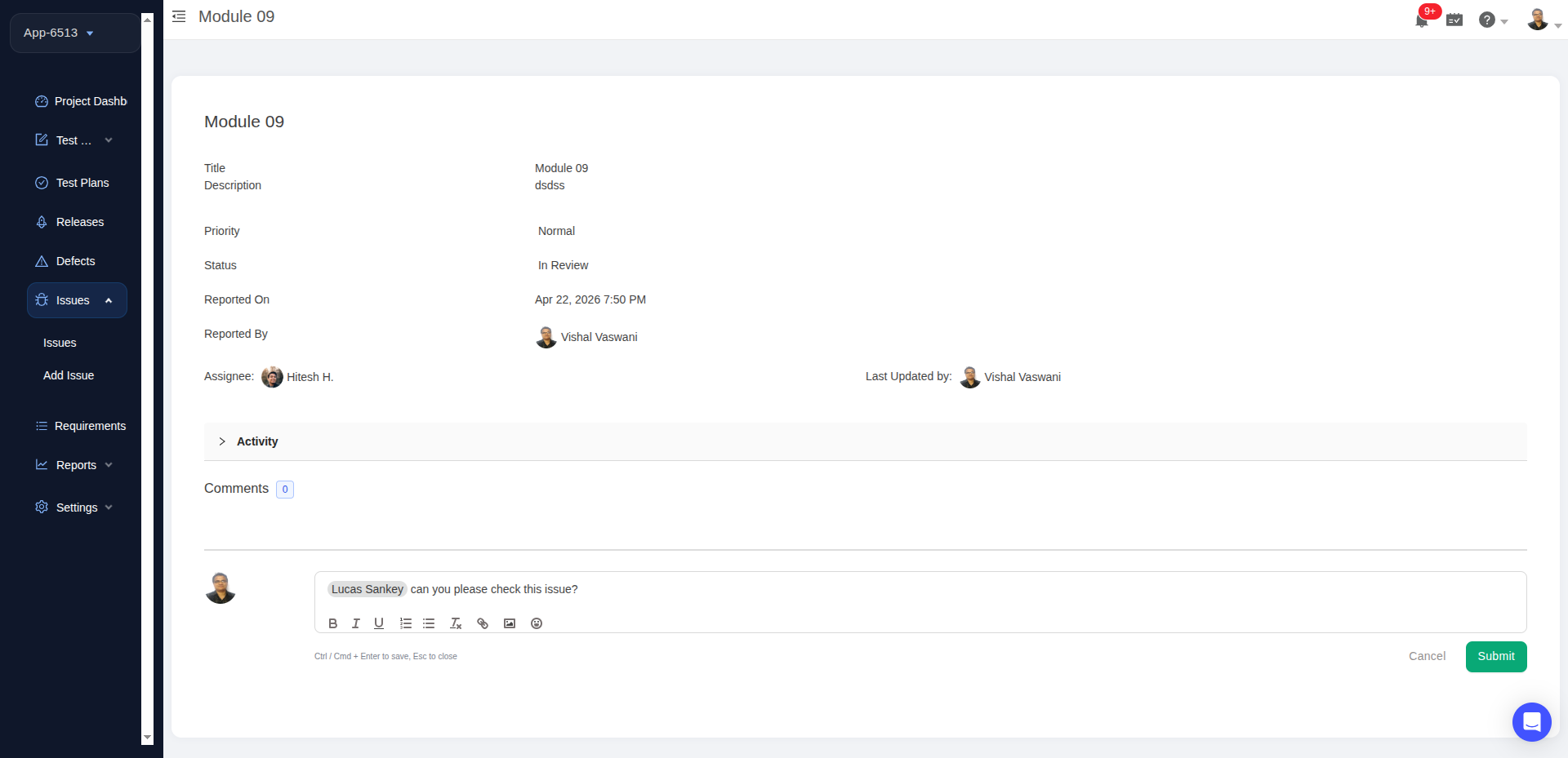 Issues Management in TestCollab
