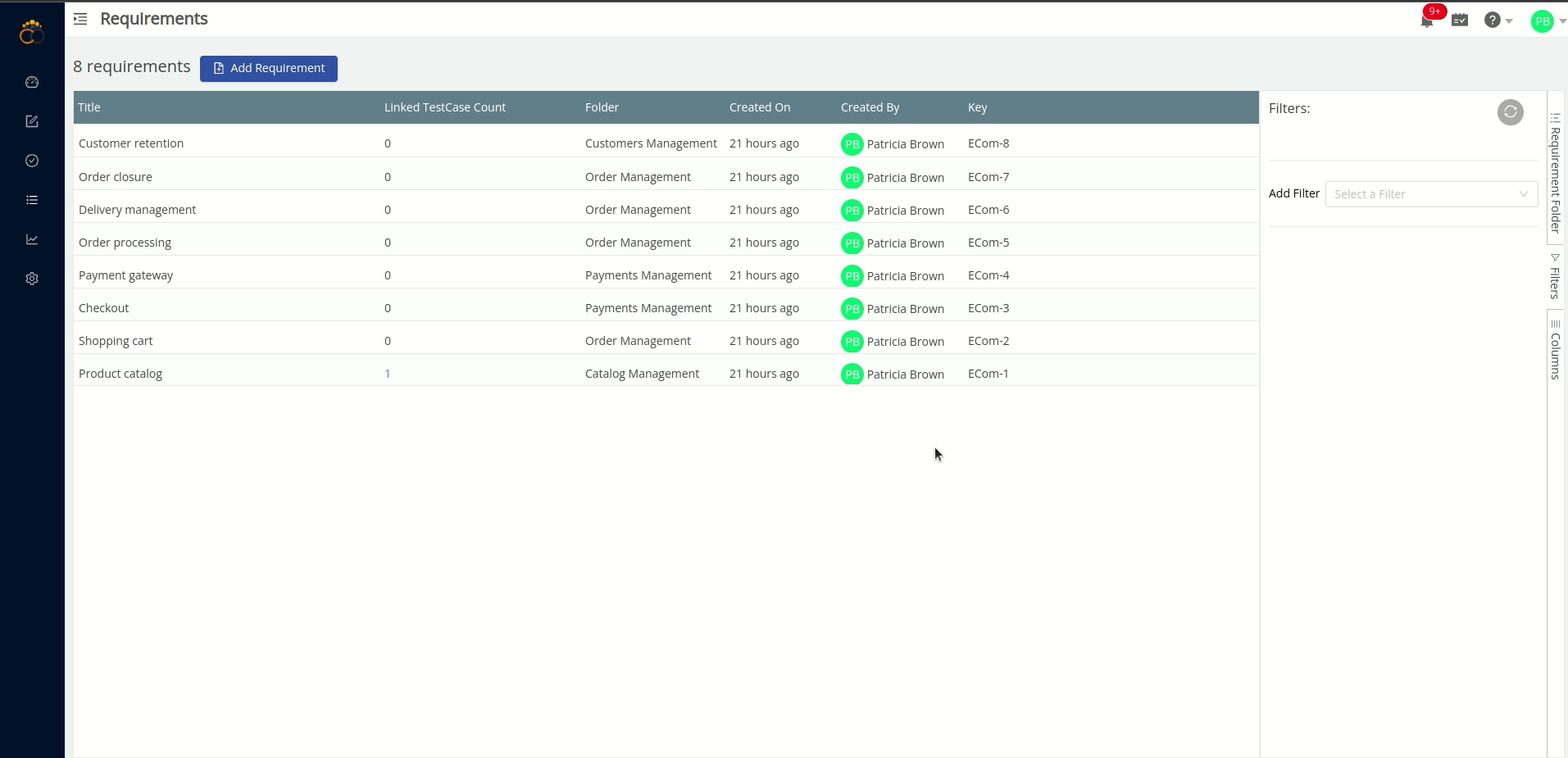 Managing inbuilt requirements in a TestCollab project
