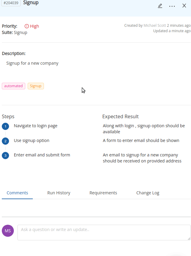 Details of requirements linked with a test case in TestCollab