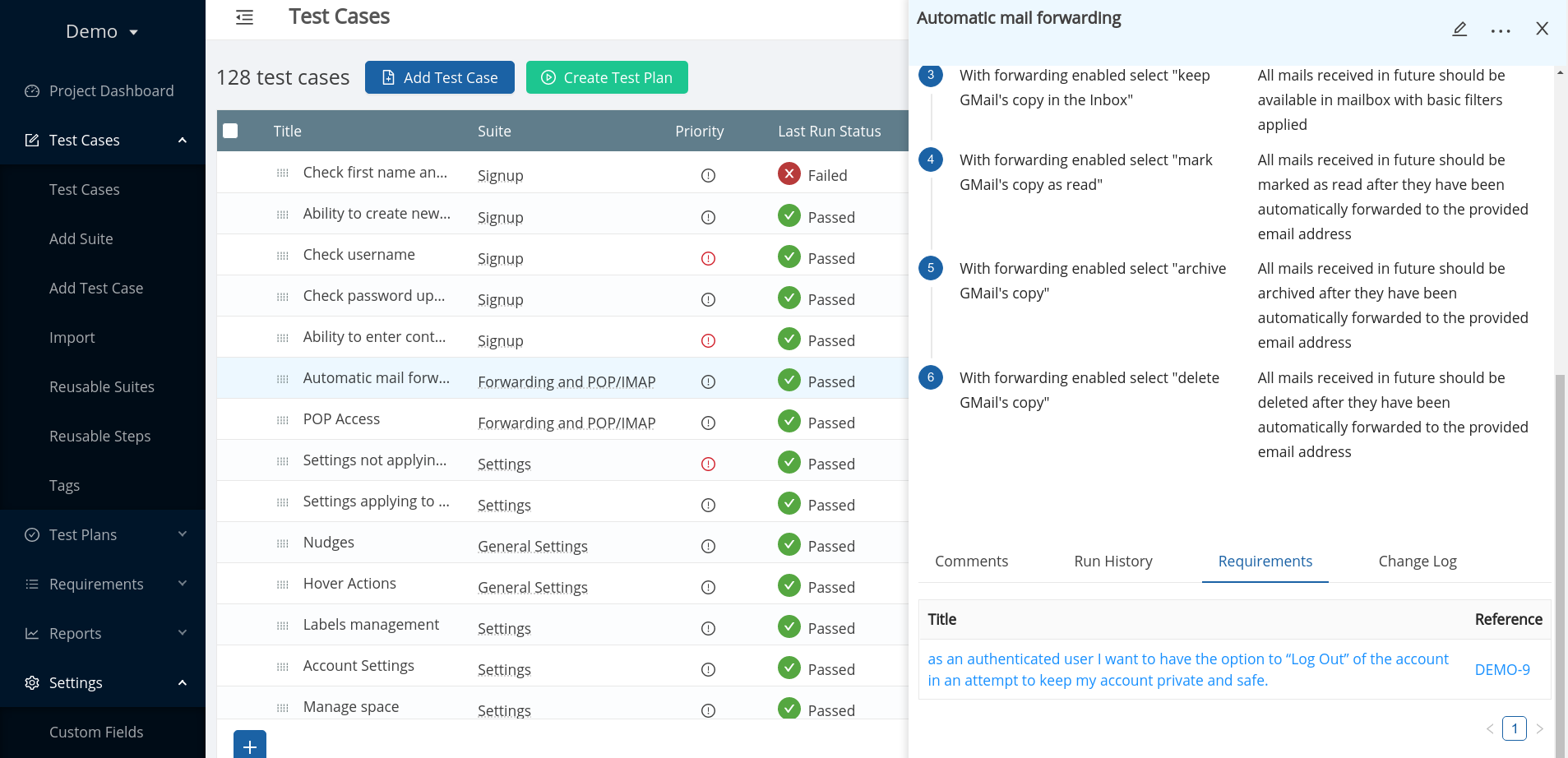 Details of requirements linked with a test case in TestCollab